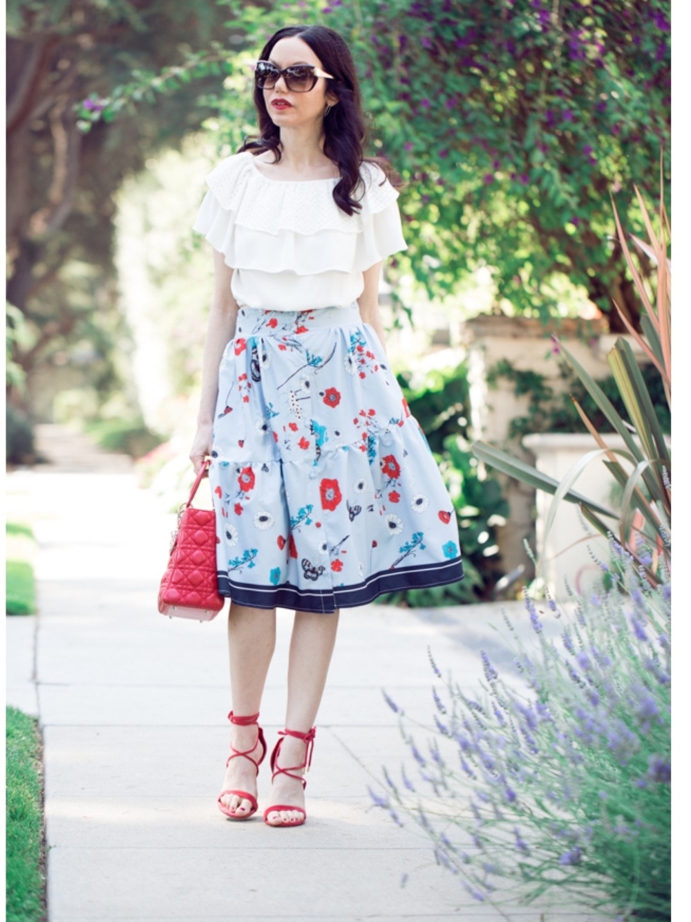 Women's Light Blue Floral Midi Skirt + White Peasant Top